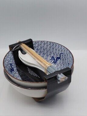 SH Home 8pc Blue Dragon Ceramic Ramen Noodle Bowl Set
